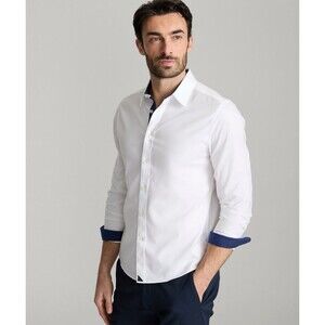 UNTUCK it Las Cases Wrinkle Free White 100% Cotton Button up Shirt Blue Trim 2XL